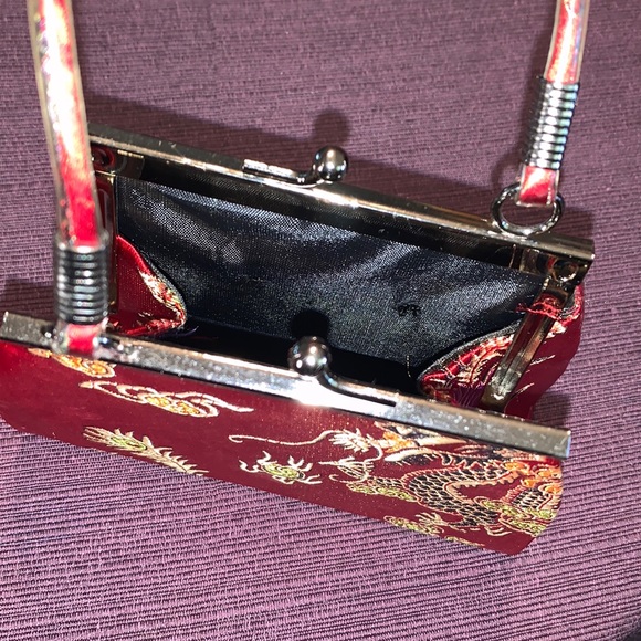 Asian Mini Red Silk Golden Dragon Snap Button Purse 4”H x 2”W x 5.5” L - Picture 10 of 13